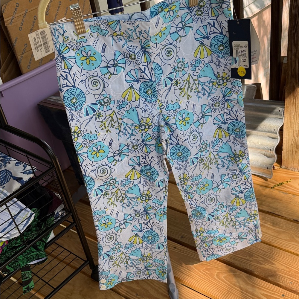 NWT Hartstrings Girls size 12 Beachy Blue & Aqua Capris side zip adjustable